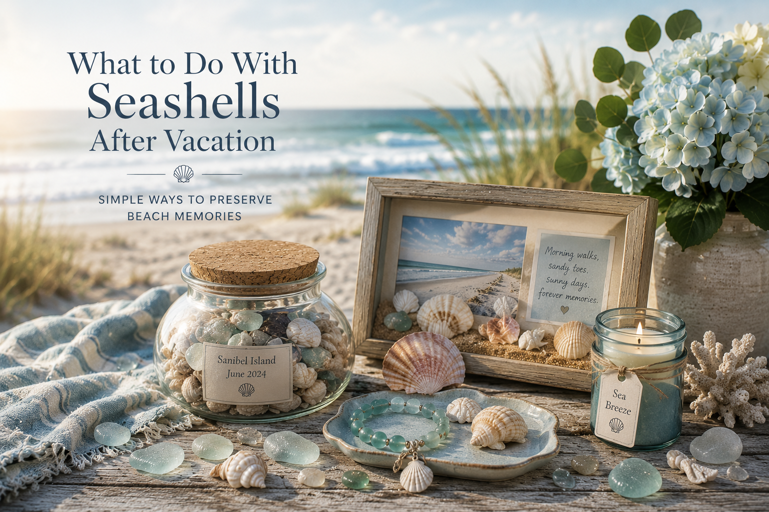 Seashell keepsakes arranged by the shore with a memory jar, framed photo, and candle