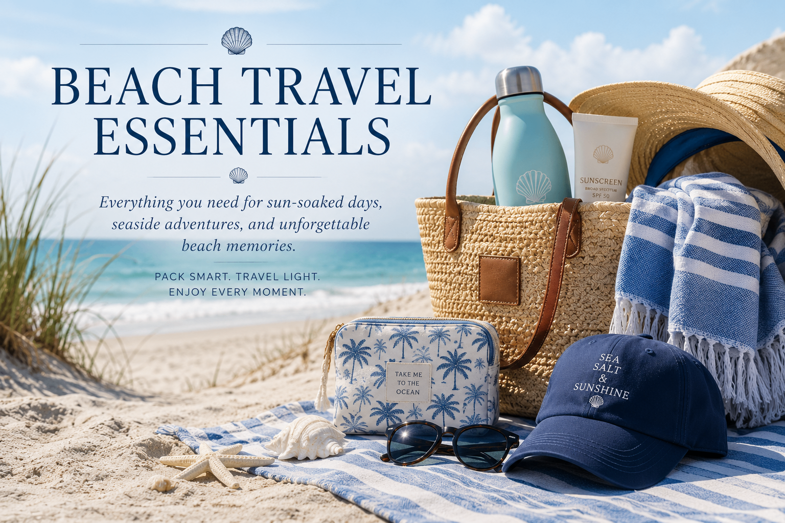 Beach essentials with straw tote, towel, sunscreen, hat, and pouch on the sand