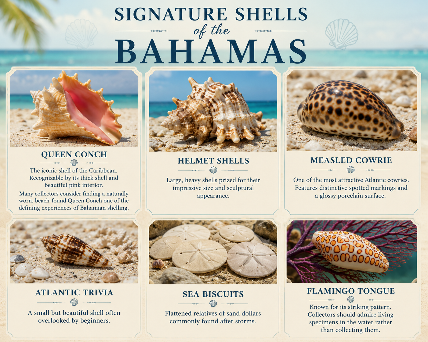 Signature shells of the Bahamas infographic featuring the Queen Conch, Helmet Shells, Measled Cowrie, Atlantic Trivia, Sea Biscuits, and Flamingo Tongue