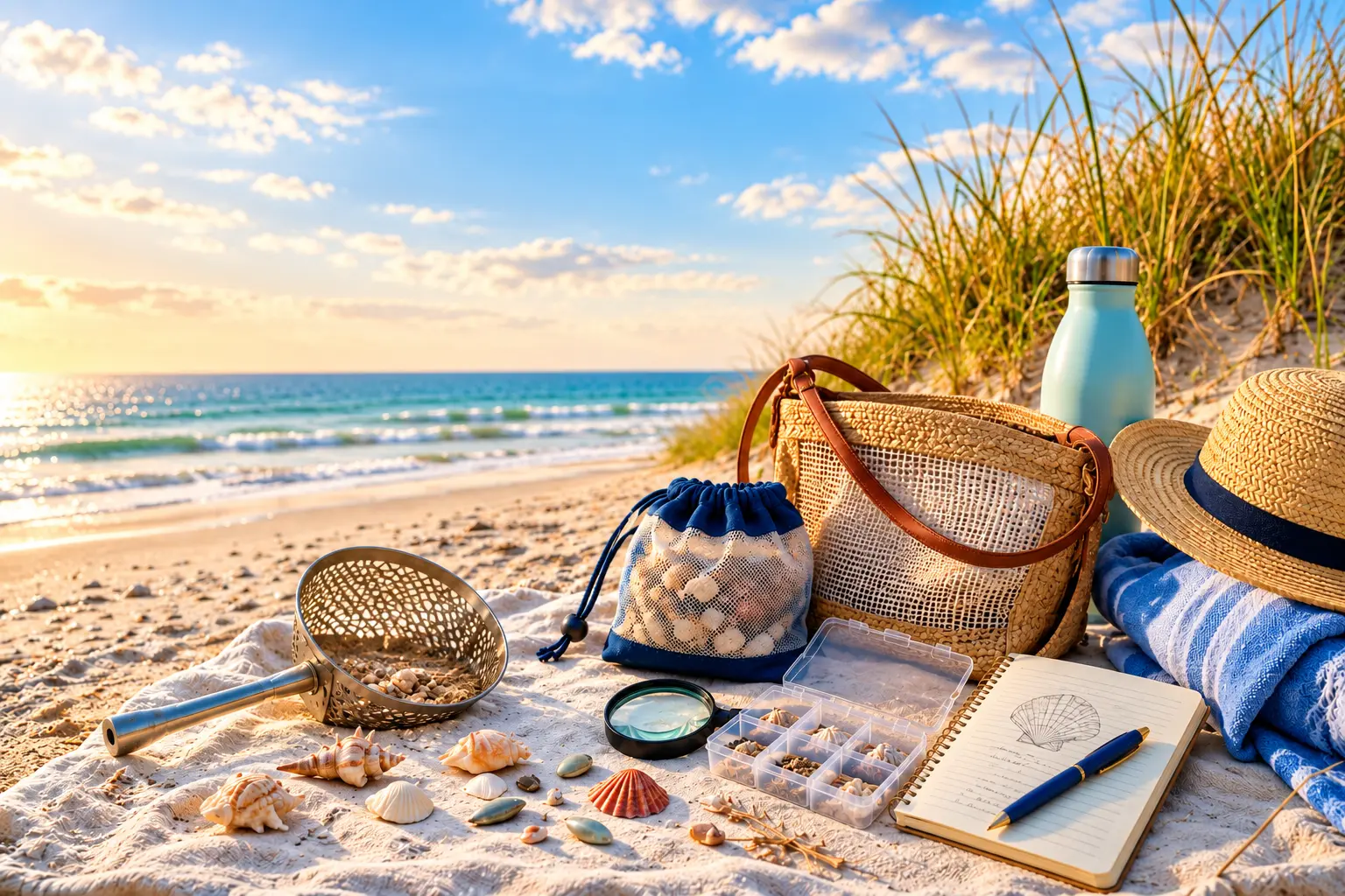 Beachcombing gear on the sand — mesh scoop, drawstring shell bag, magnifier, sorting case, journal, straw hat, and water bottle