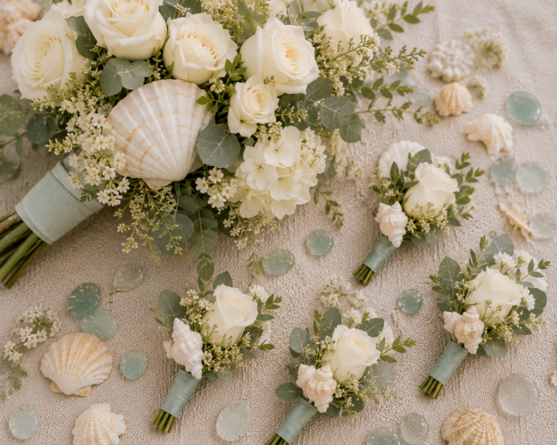 A bridal bouquet of white roses, eucalyptus, and small ivory shells woven throughout