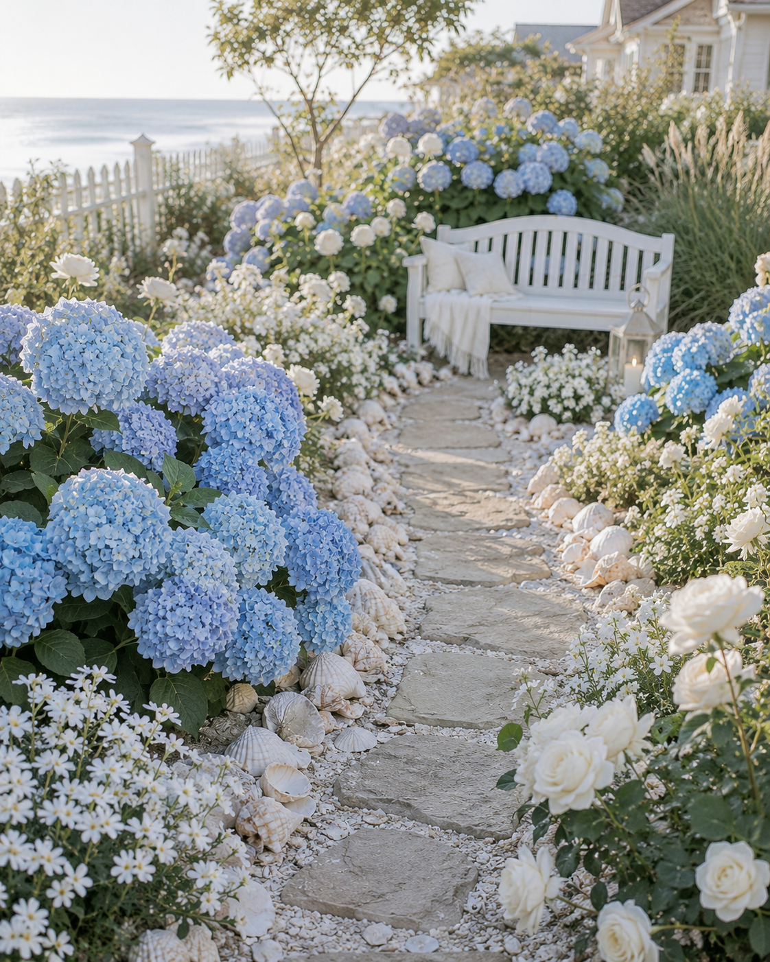 Blue hydrangeas and white roses lining a shell-edged stone path to a white garden bench by the sea