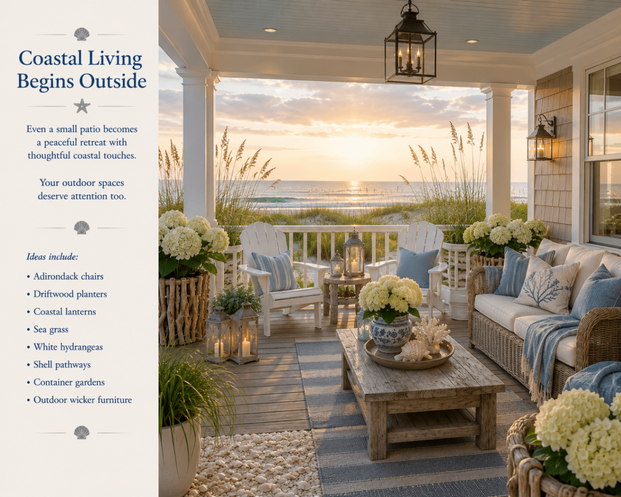 Coastal patio overlooking the ocean with Adirondack chairs, white hydrangeas, coastal lanterns, driftwood planters, woven furniture, and sea oats