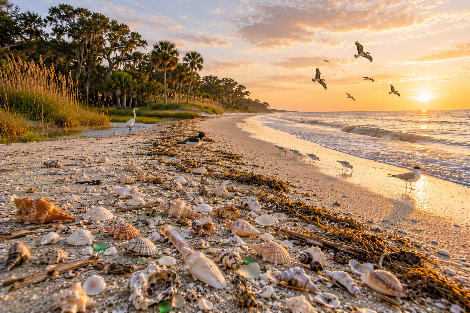 South Carolina Shelling Guide — Lowcountry shoreline at sunrise with palmettos, sea oats, oystercatchers, and a wrack line of whelks, scallops, and sea glass.