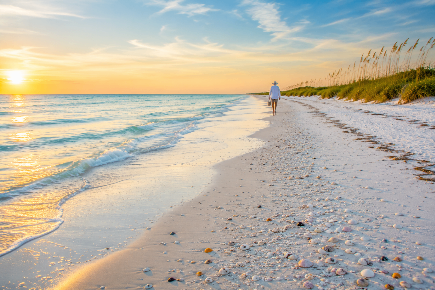 North Shore Beach on Anna Maria Island at sunrise with scattered shells along the shoreline
