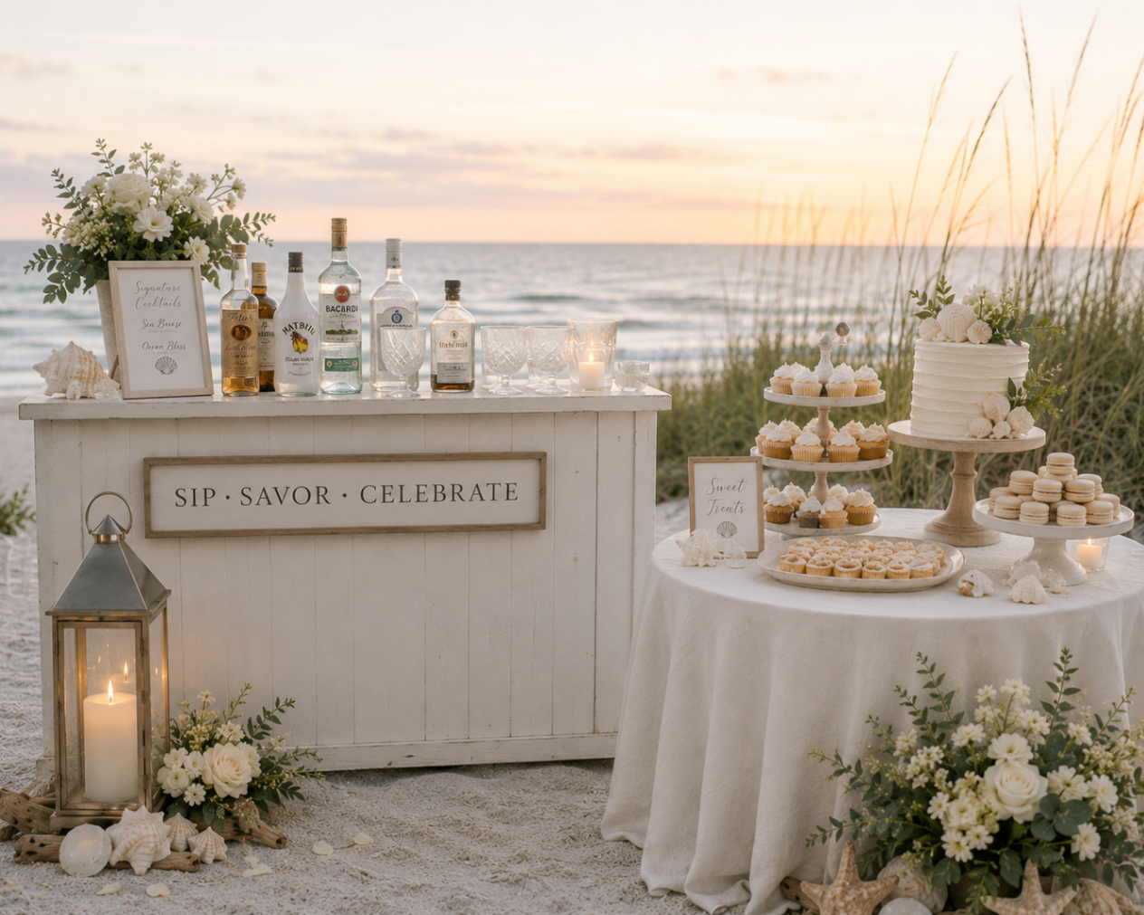 A coastal cocktail bar featuring shell displays, candles, and greenery