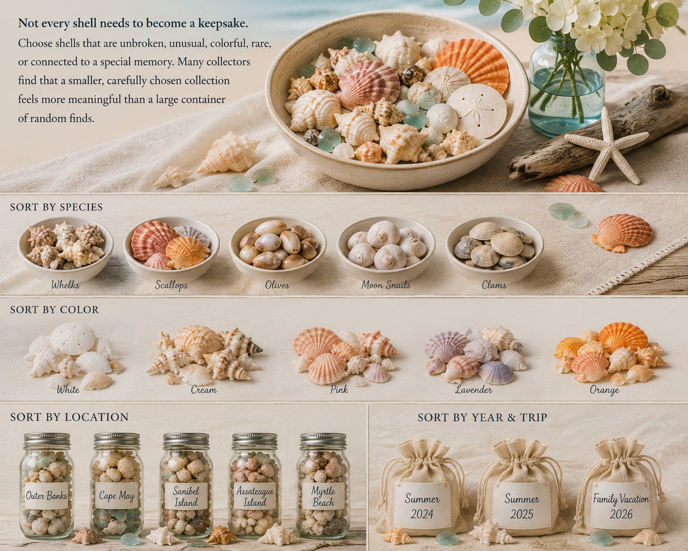 A small curated coastal keepsake with shells and sand arranged neatly in a gift box beside a labeled sand vial