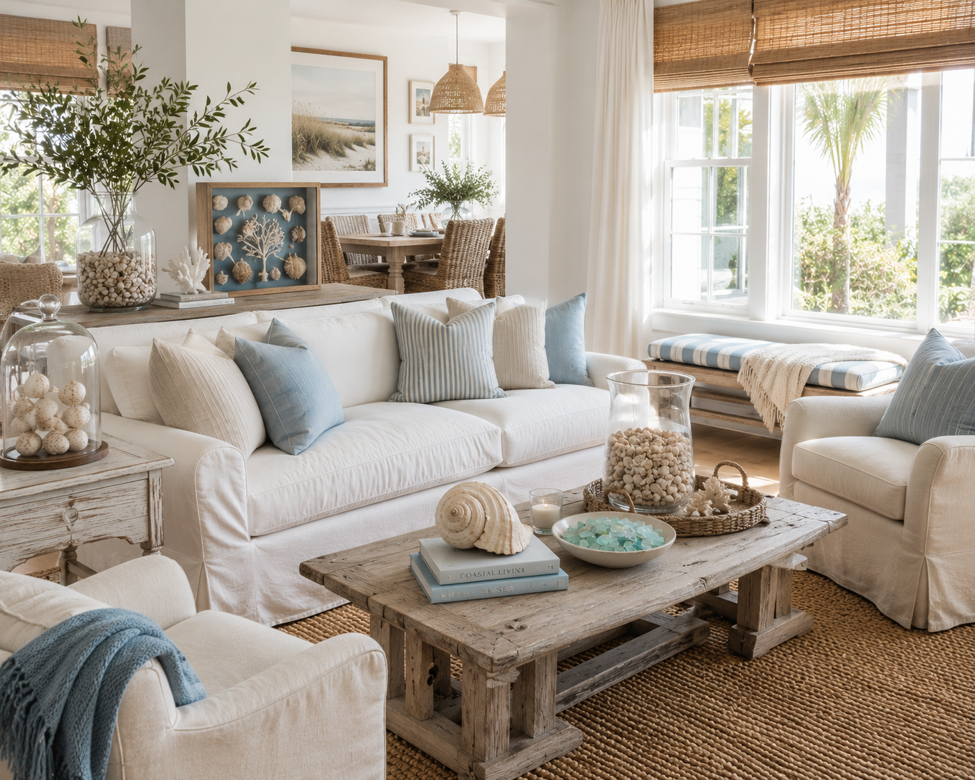 Coastal living room with thoughtfully styled shells, soft blue accents, and natural woven textures