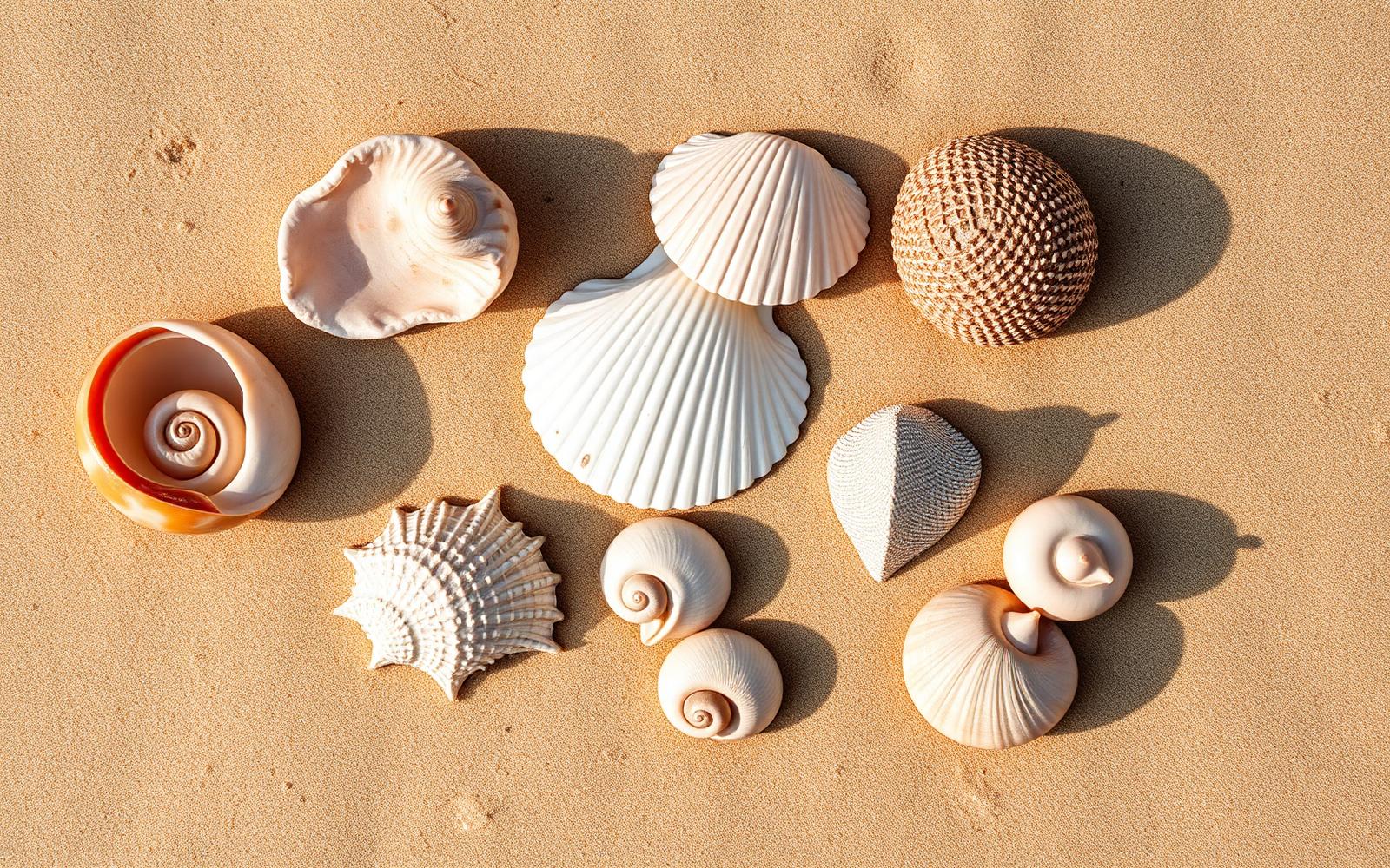 Overhead flat lay of assorted seashells on sand showing distinct shapes, apertures, and sculpture patterns
