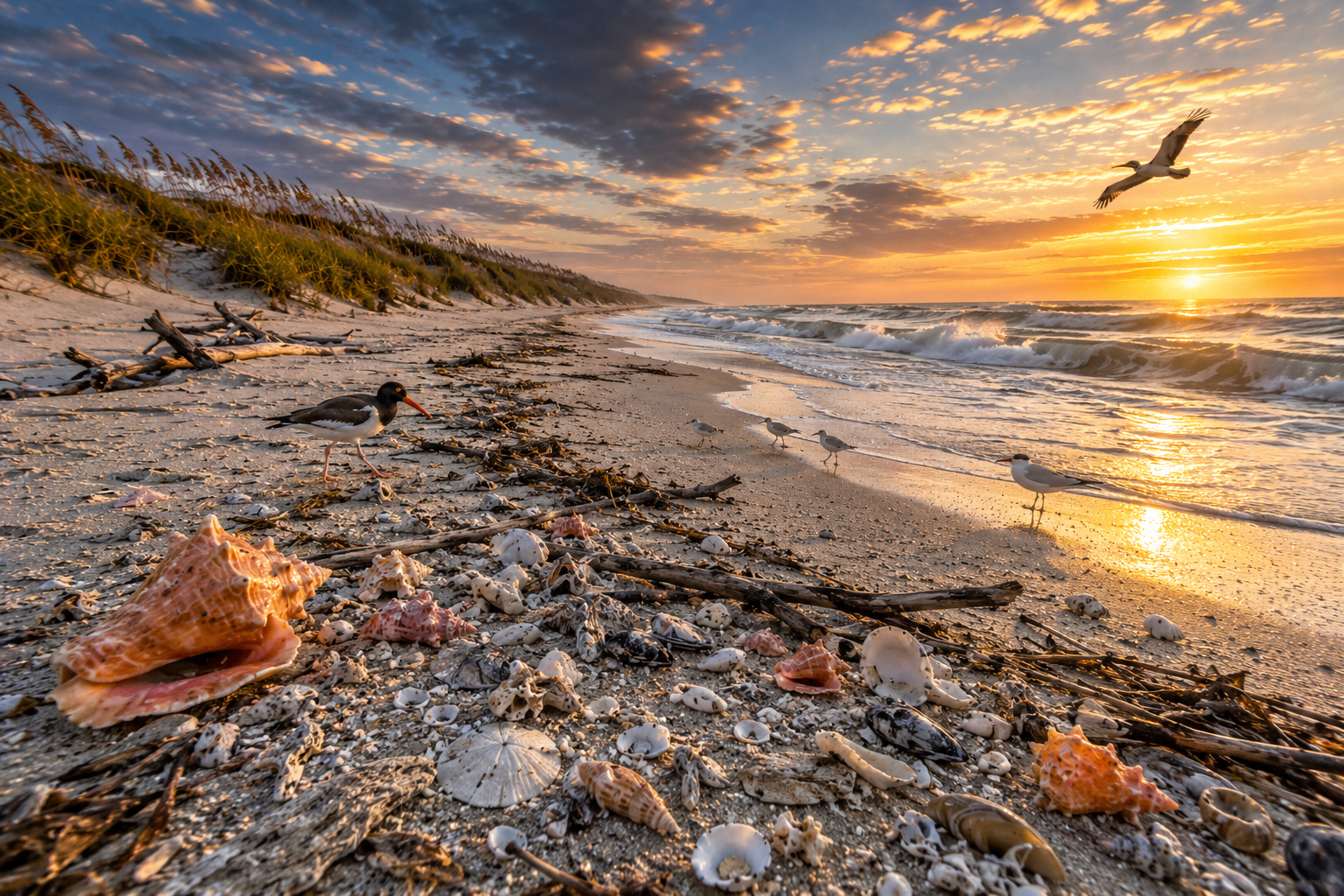 North Carolina Shelling Guide — Outer Banks shoreline at sunrise scattered with conchs, driftwood, and sand dollars as an oystercatcher and sandpipers forage along the surf.