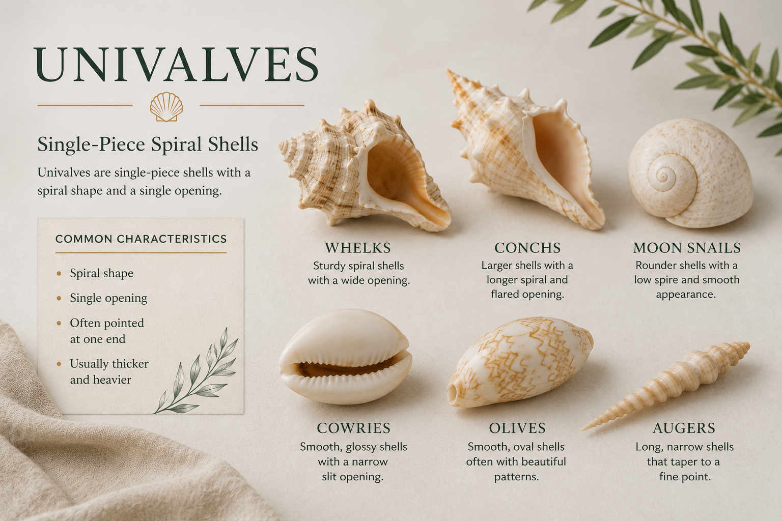 Univalves identification reference showing common single-piece spiral shells like whelks, conchs, moon snails, cowries, olives, and augers