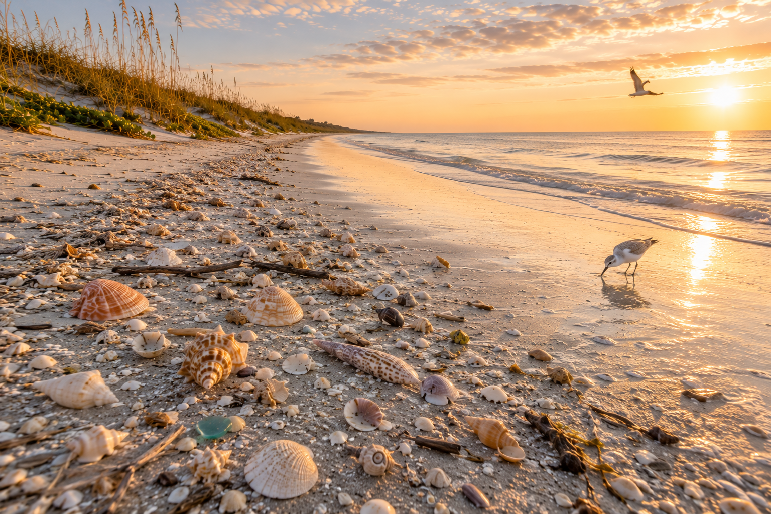 Sunrise on a Florida Gulf Coast beach with sea oats along the dunes and a fresh wrack line of whelks, cockles, augers, and sea glass beside a foraging sandpiper.