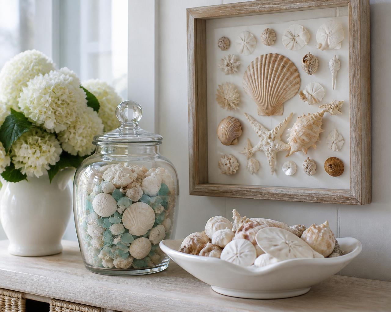 Coastal home display of shells: a glass memory jar, a framed shadow box, and a white bowl of shells with white hydrangeas