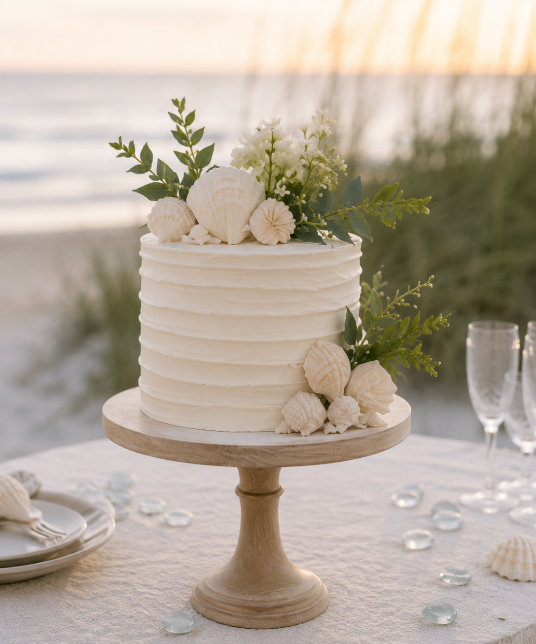 A white buttercream cake featuring cascading sugar shells and soft white flowers