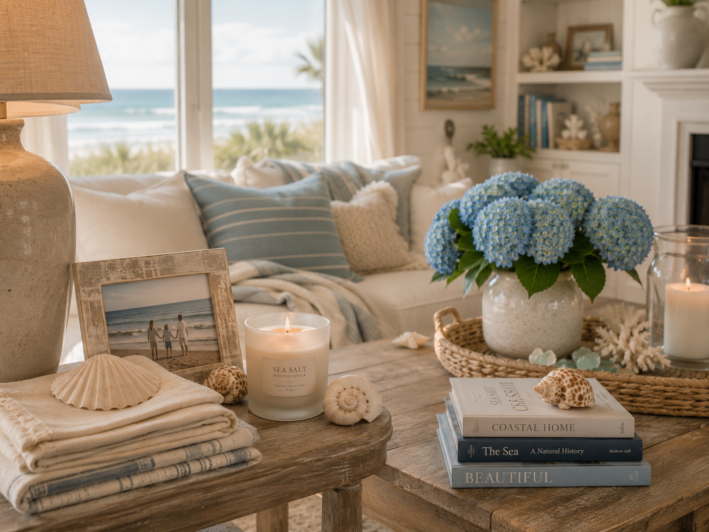 Small seashell accents styled around candles, books, linens, and a framed beach photo in a coastal room