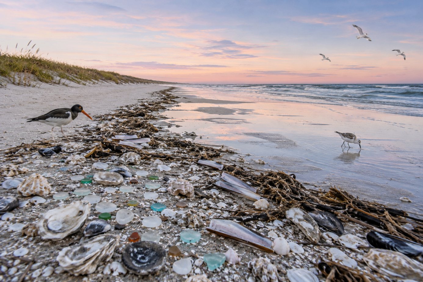 Maryland & Delaware Shelling Guide — Assateague Island shoreline at golden hour with surf clams, jingle shells, sea glass, and an oystercatcher along the tide line.