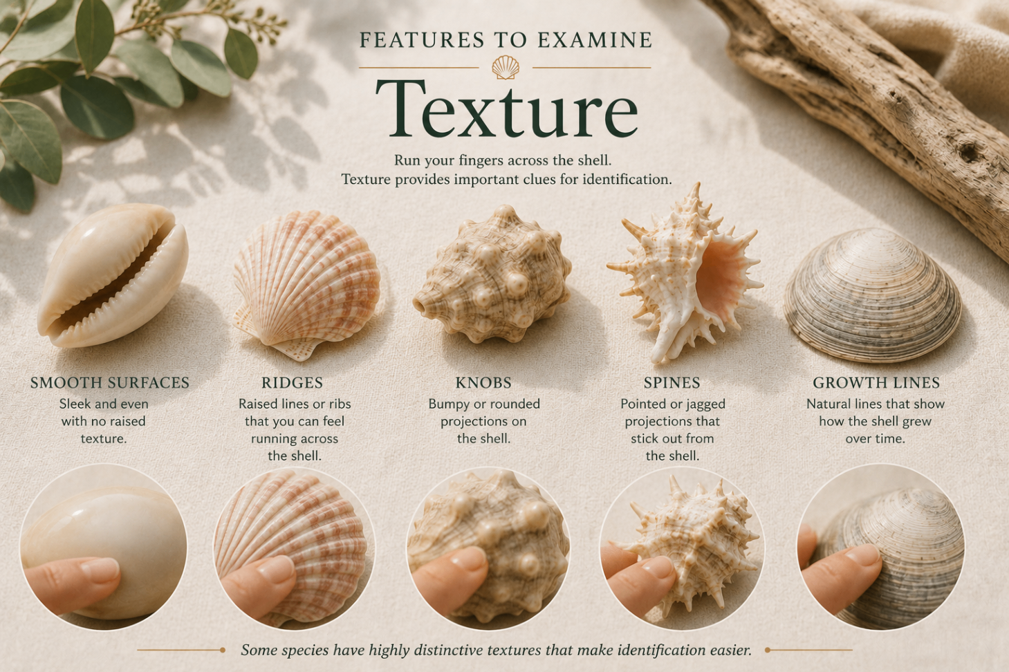 Texture identification reference comparing smooth surfaces, ridges, knobs, spines, and growth lines on shells