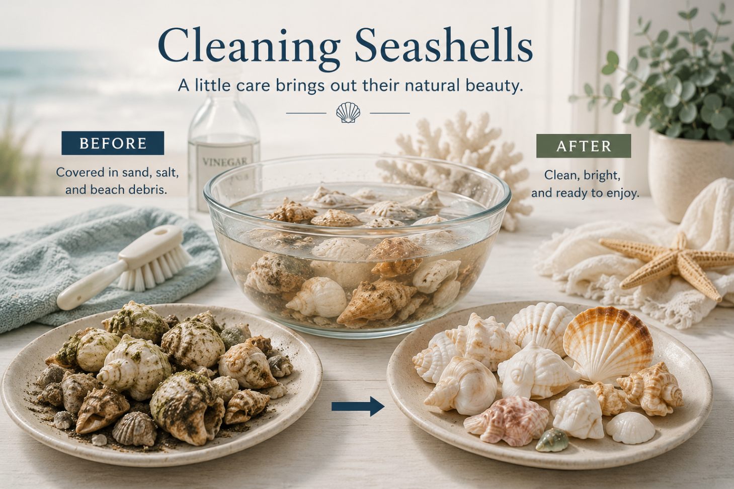Sandy seashells soaking in a glass bowl beside a soft toothbrush and towel on a bright coastal counter