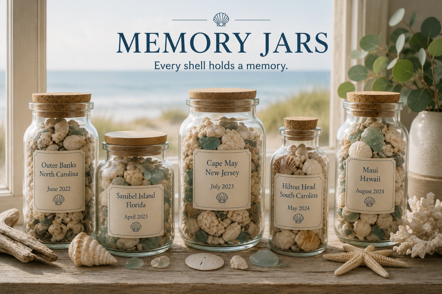 Glass jars filled with seashells from different vacations lined up with handwritten labels and dates