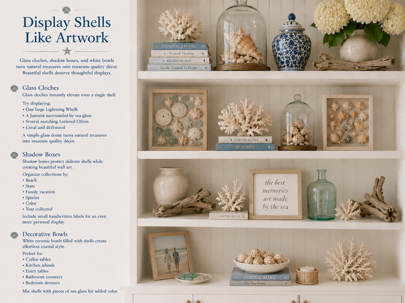 Luxury styled shelving with glass cloches, shadow boxes, white pottery, sea glass bowls, driftwood, coral, and arranged shell collections
