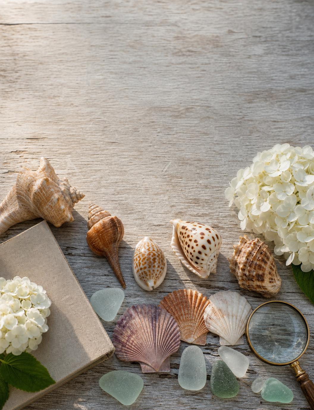 A weathered driftwood tabletop arranged with a knobbed whelk, lightning whelk, lettered olive, junonia, scotch bonnet, colorful scallops, sea glass, a beach journal, a brass magnifying glass and white hydrangeas in soft morning light