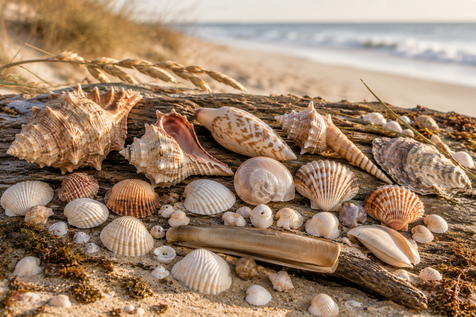 A curated grouping of Atlantic Coast shells — whelks, olives, cockles, scallops, oyster, and a razor clam — arranged on weathered driftwood.