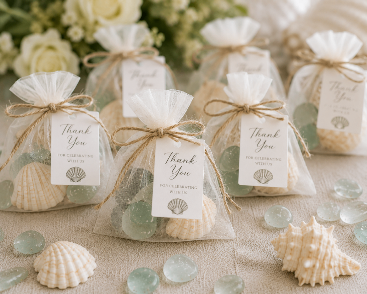 Elegant kraft favor boxes tied with ribbon and filled with curated shells