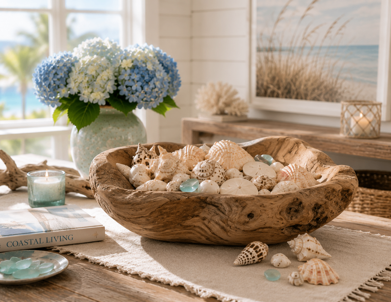 A large carved wooden bowl filled with seashells on a sunlit coastal table
