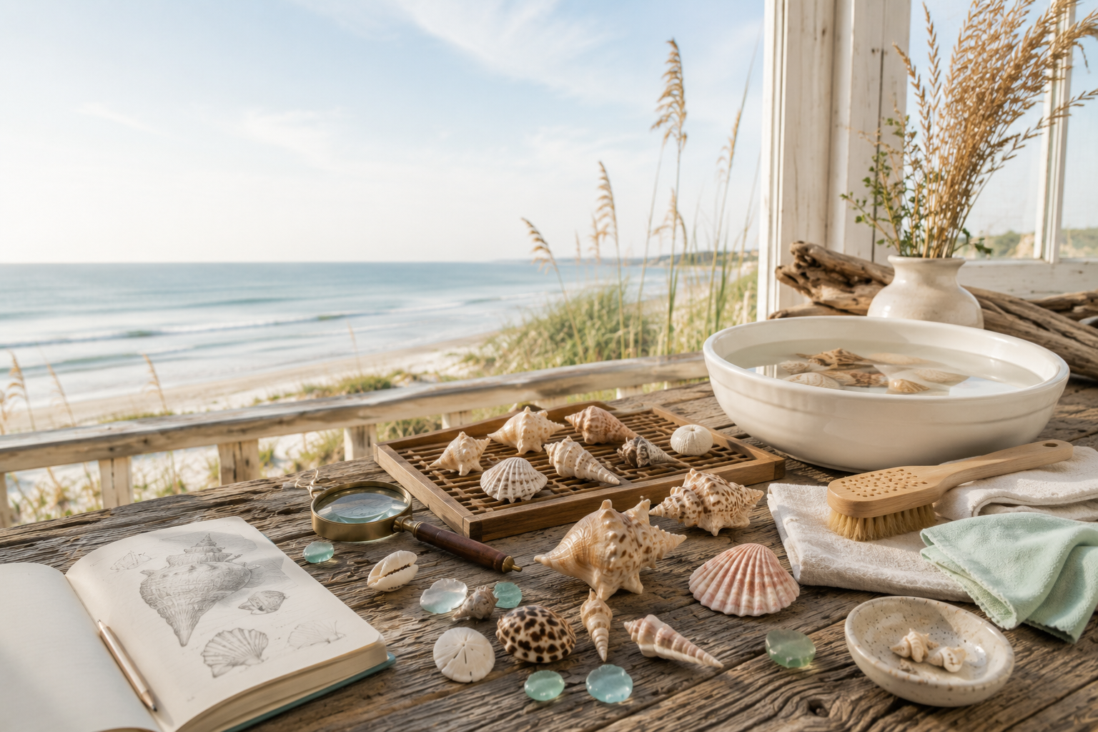 How to Clean Seashells — a driftwood table set with a shallow soaking bowl, wooden drying tray of shells, soft brush, magnifier, and an open sketchbook overlooking the shoreline