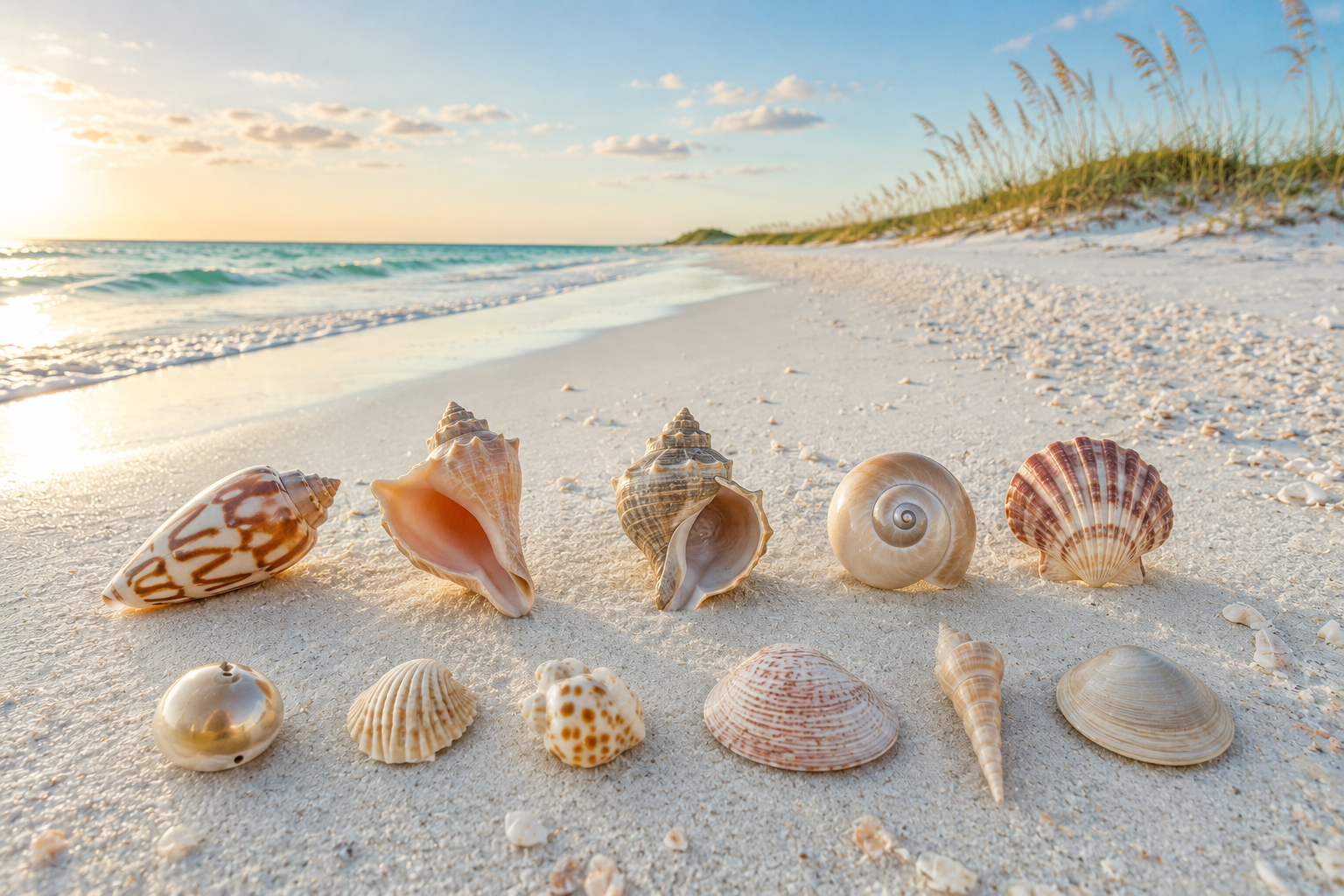 Beginner Shells of the Florida Gulf Coast — ten common Gulf shells arranged on soft white sand in warm morning light