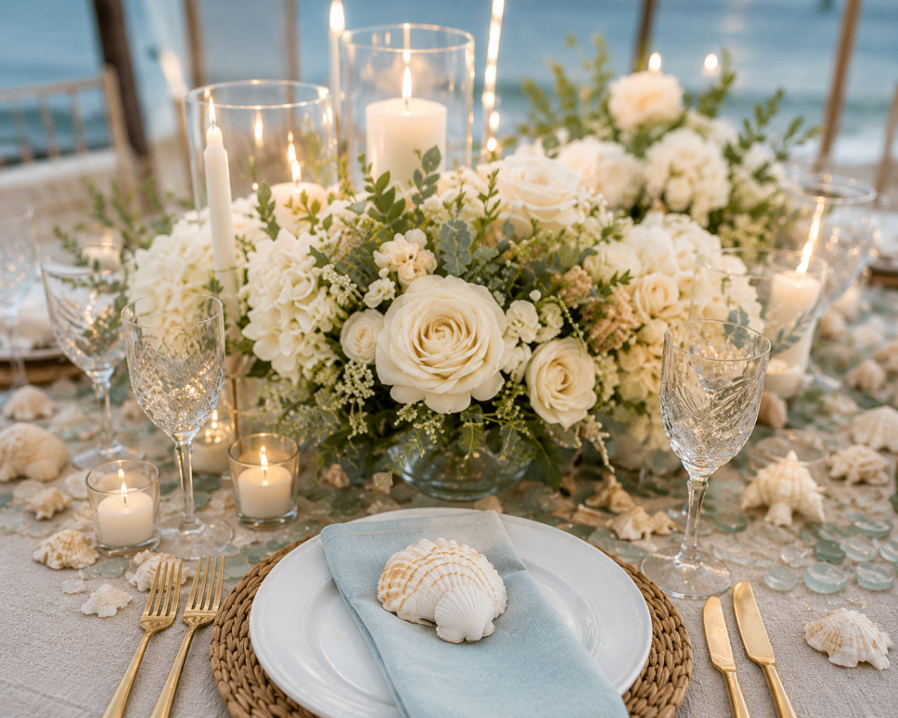 A long reception table with ivory linens, white roses, eucalyptus, taper candles, and scattered scallop shells