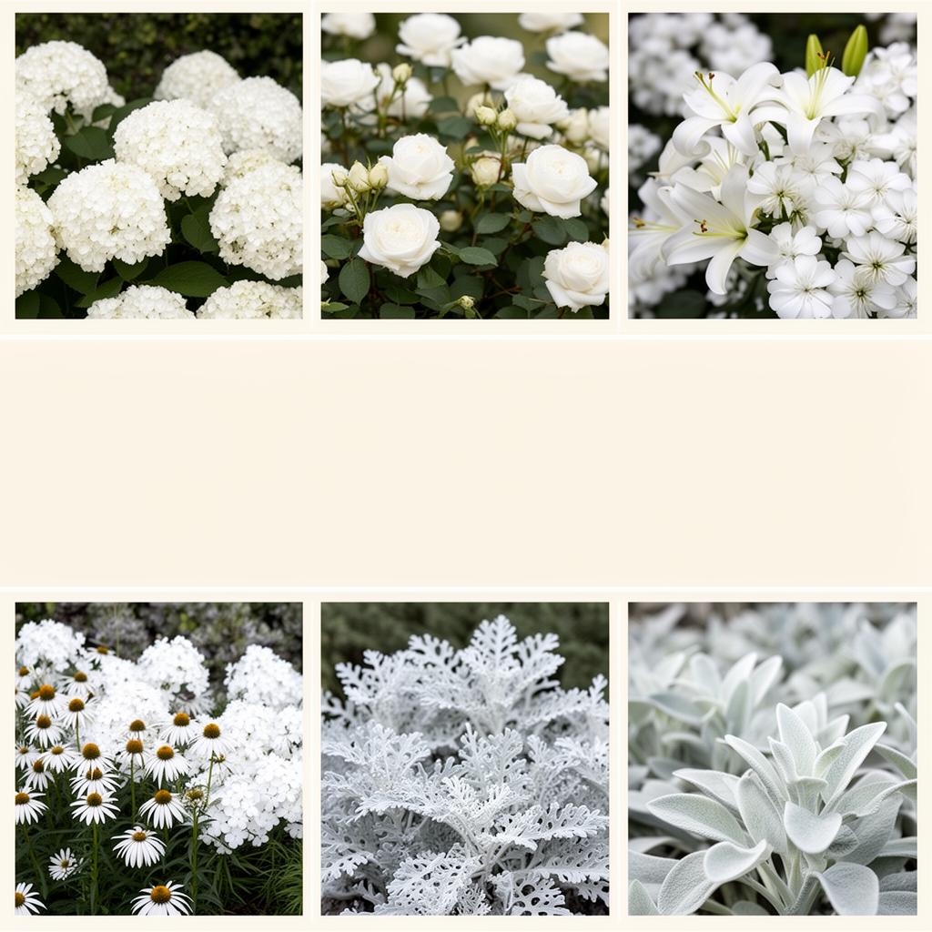 A collage of white and silver garden plants including white hydrangeas, roses, lilies, phlox, coneflowers, dusty miller, and lamb's ear
