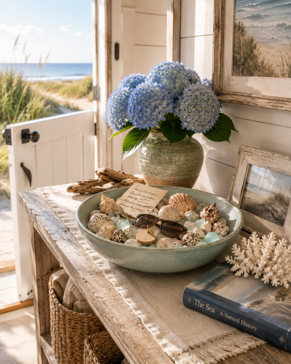 An entryway console with a shell-filled catch-all bowl for keys and sunglasses