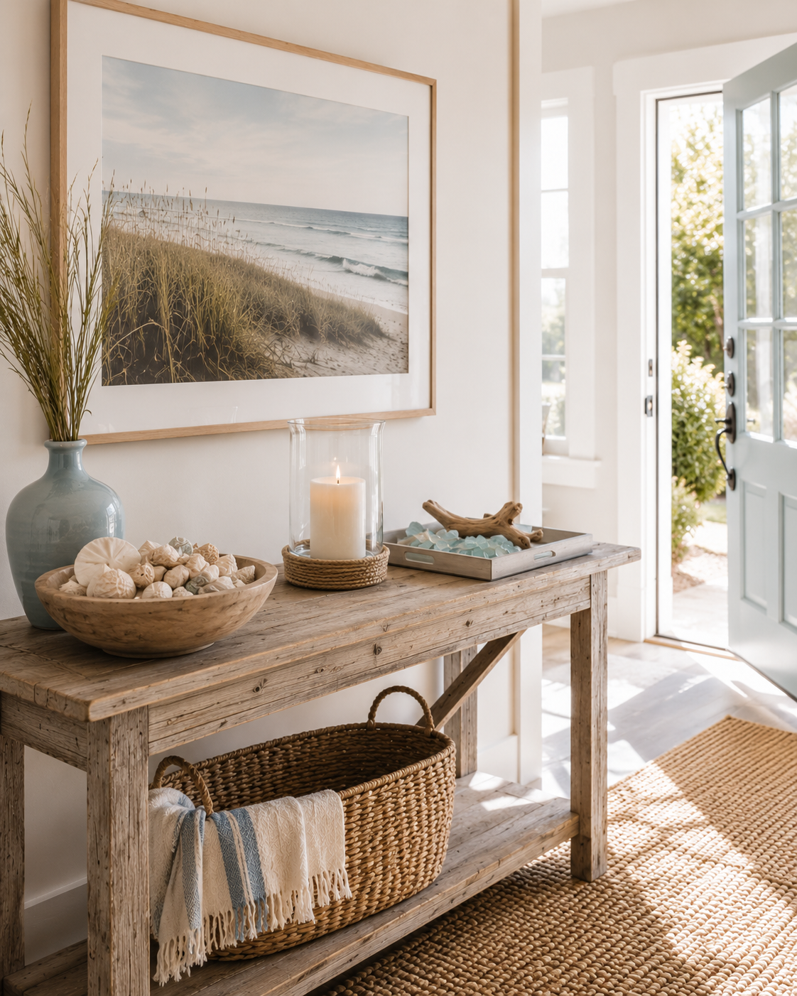 A coastal entryway console table styled with a beach photograph, blue vase, shell-filled bowl, candle, and woven basket