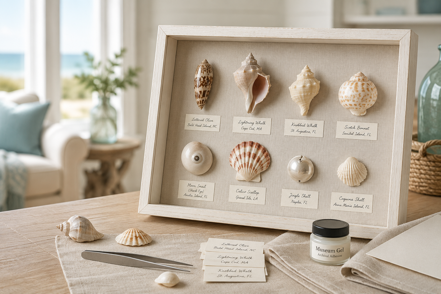 DIY Coastal Keepsakes — a linen-backed shadow box displaying labeled seashells from East Coast beaches, styled on a sunlit coastal table with tweezers and archival museum gel