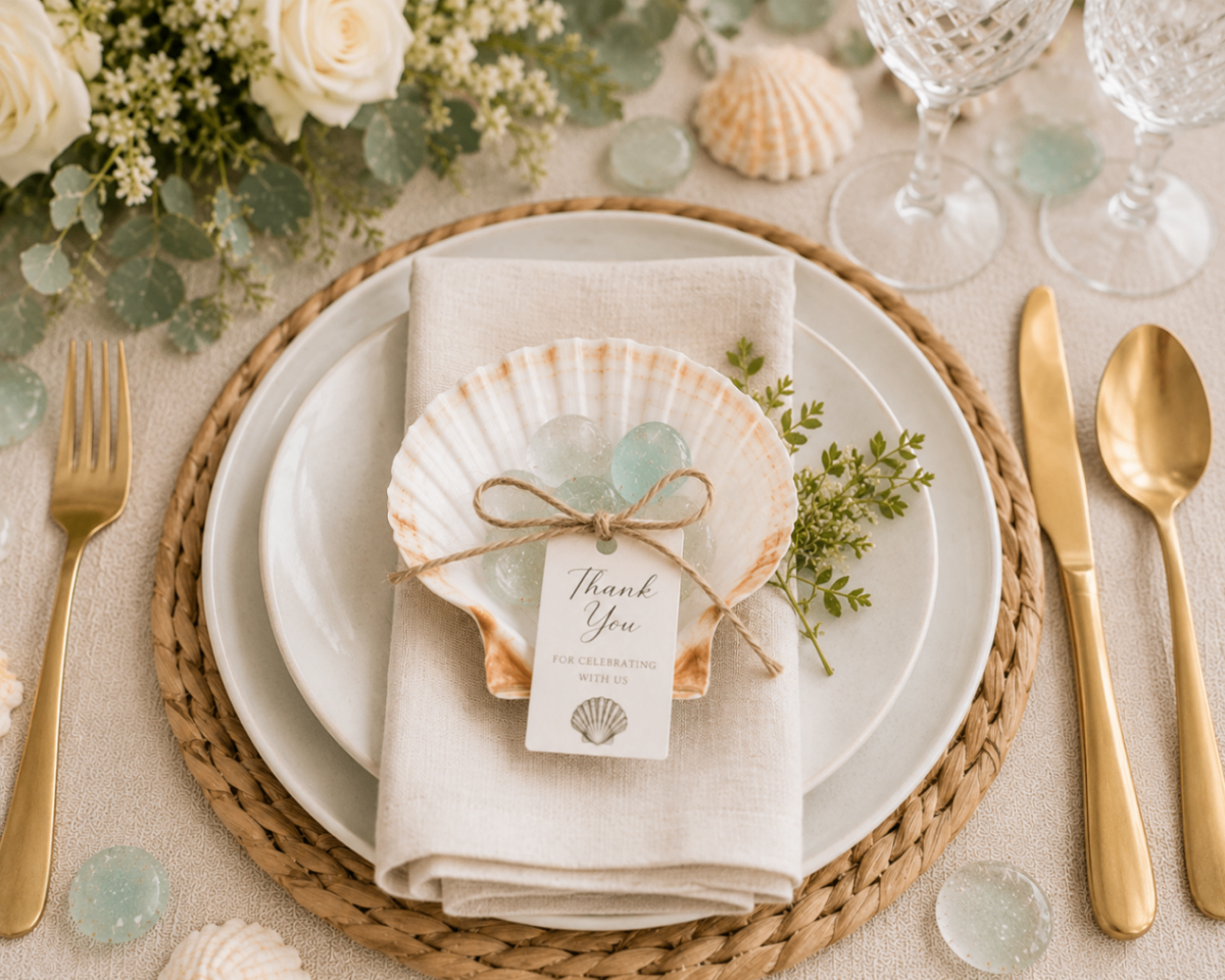 Hand-lettered names on white scallop shells arranged on a reception table