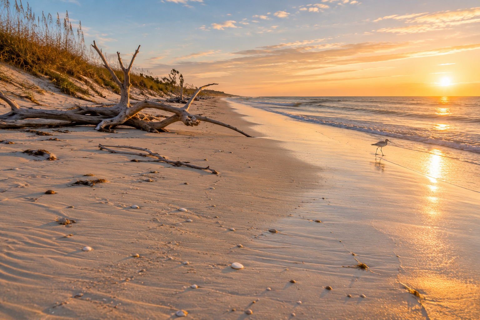 Amelia Island at sunrise — bleached driftwood along sea-oat dunes with a sandpiper walking the golden-lit tide line.
