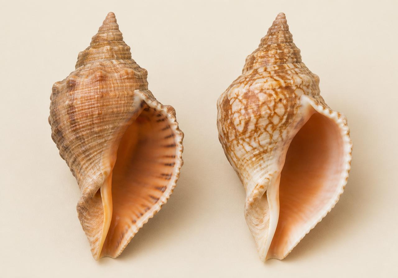A channeled whelk and a lightning whelk photographed side by side at true scale on a cream background