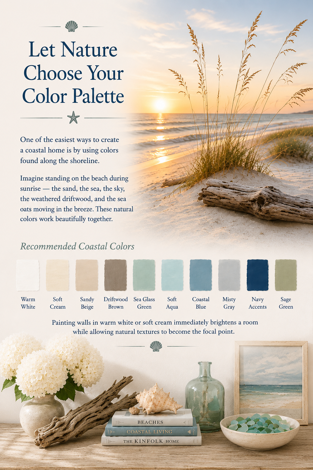Styled coastal flat lay with paint swatches, sea glass, driftwood, sand, blue fabric, white linen, shells, and sea oats in natural light