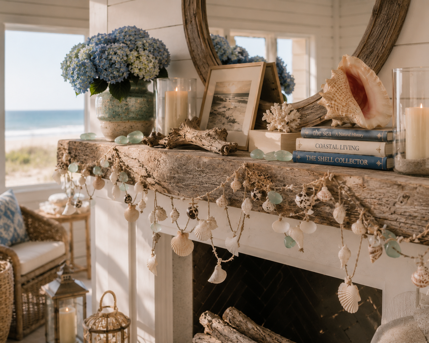 A shell garland draped across a mantel with coastal books, candles, and driftwood