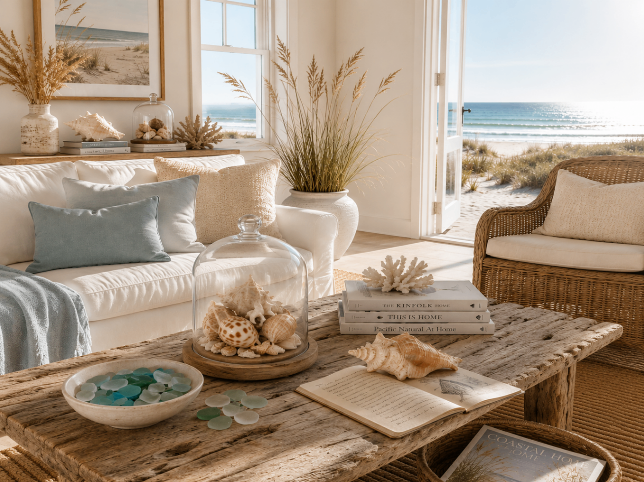 Luxury coastal cottage living room with white linen furniture, glass cloches, shell displays, blue and white pottery, and ocean artwork