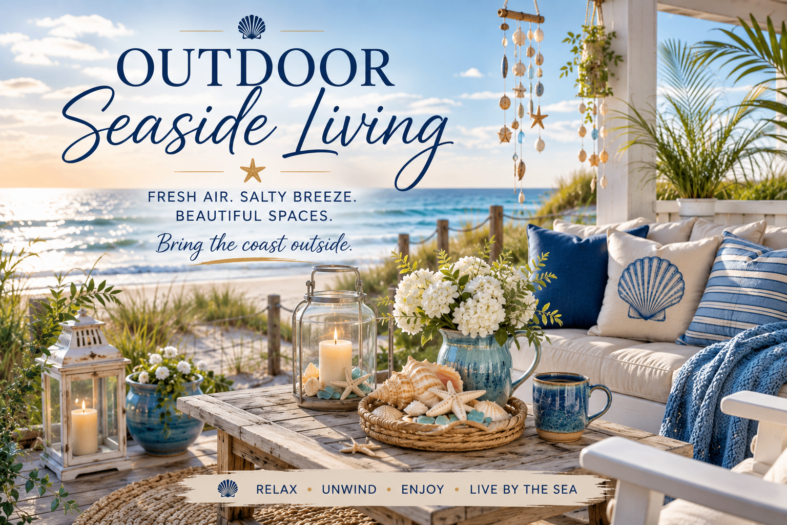 Coastal outdoor seating area overlooking the beach with lanterns, shells, and blue pillows
