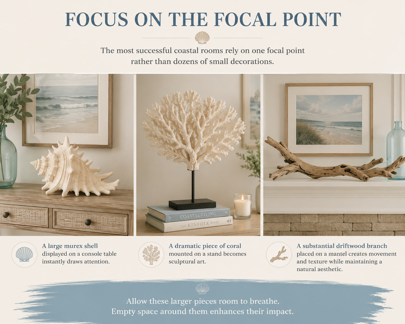 Coastal decor focal point guide with shell, coral, and driftwood statement pieces