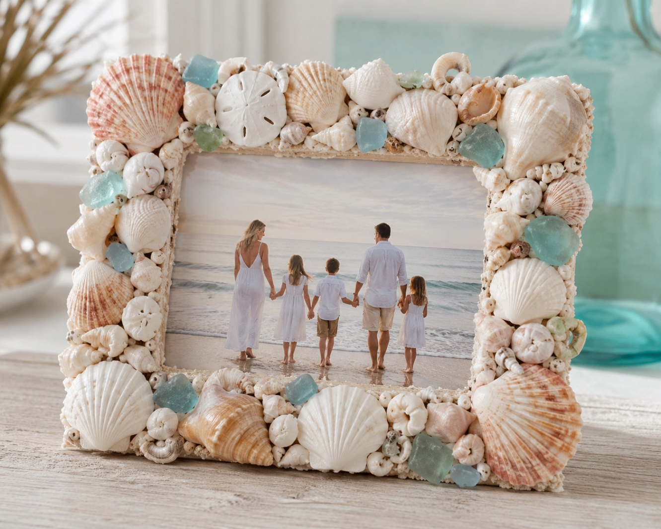 A wooden picture frame decorated with clustered seashells and sea glass