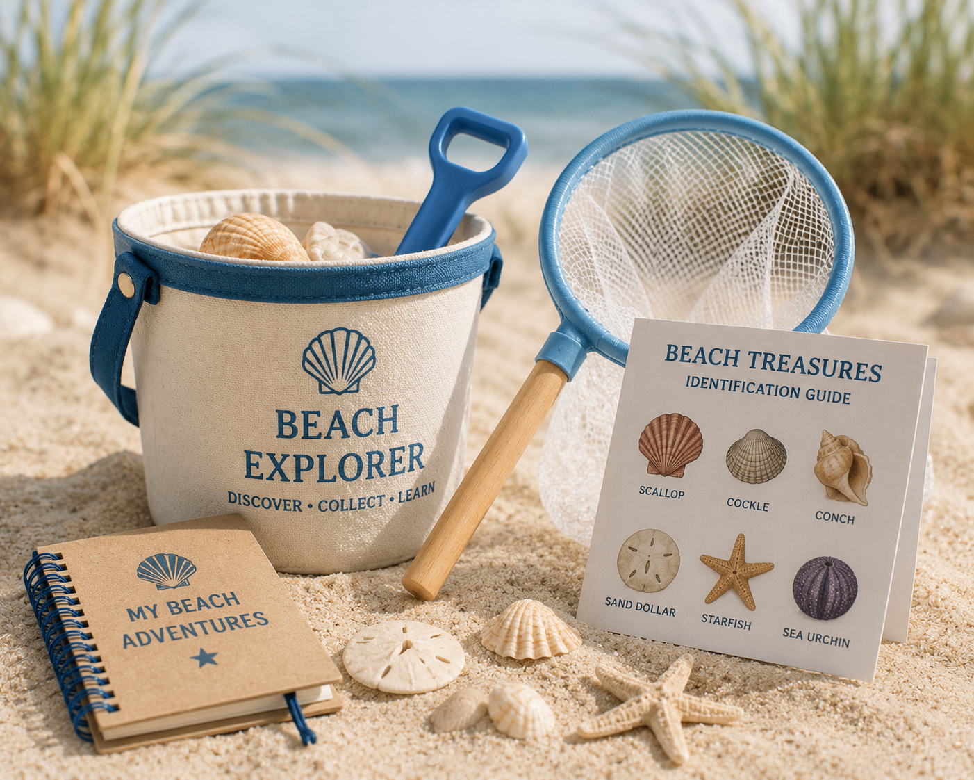 Children's beach explorer kit with bucket, net, notebook and shell identification guide
