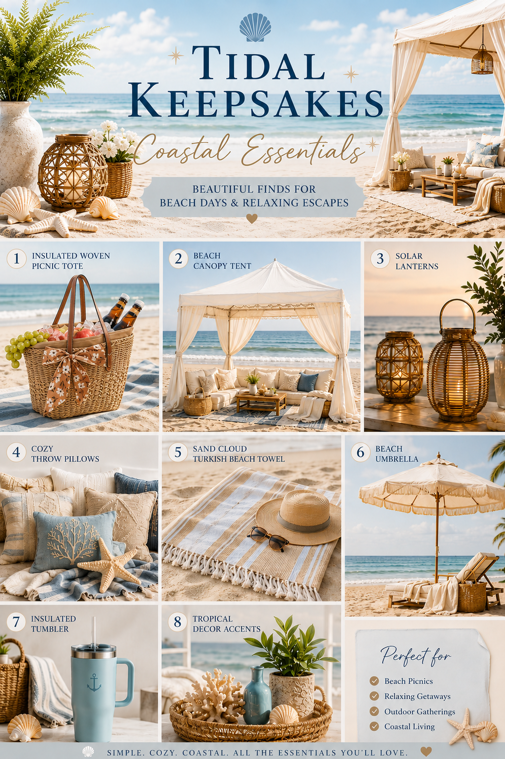 Outdoor coastal living collage featuring beach canopy seating, lanterns, pillows, and seaside essentials