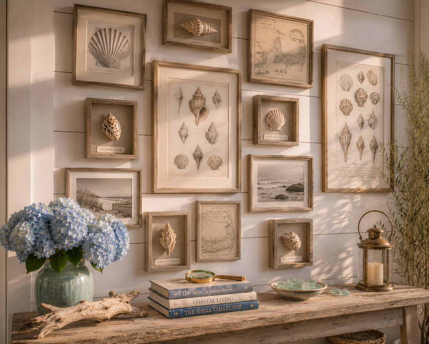 A coastal gallery wall of framed vintage shell prints, nautical maps, and mounted real shells above a driftwood console with blue hydrangeas