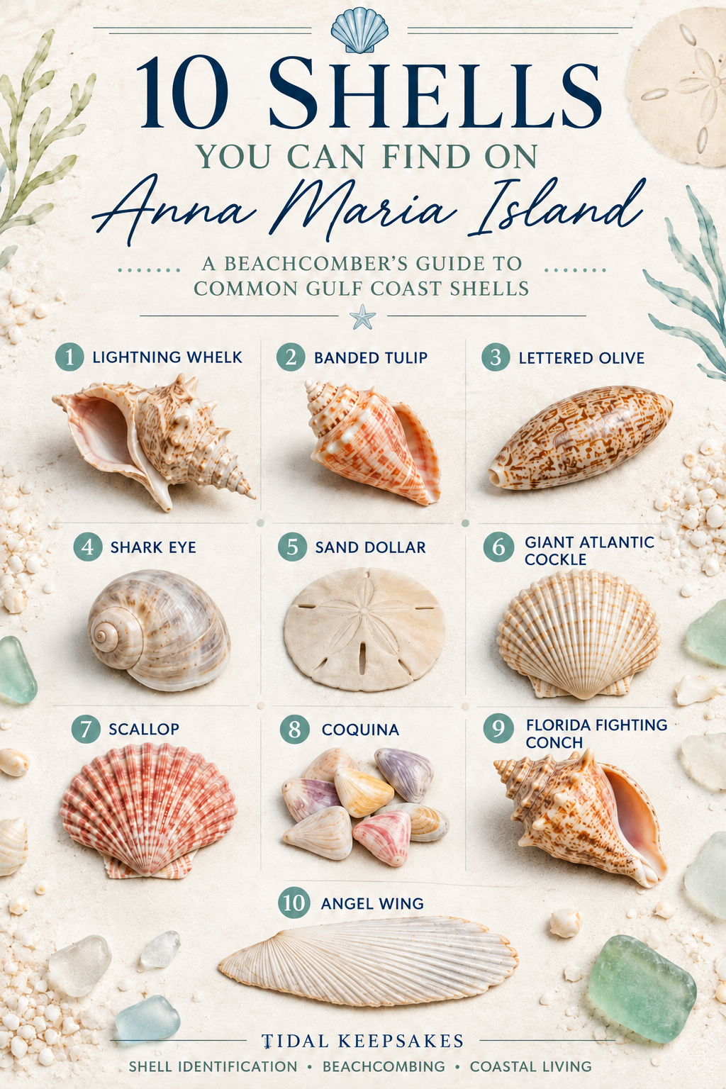 10 shells you can find on Anna Maria Island, Florida, including lightning whelk, banded tulip, lettered olive, shark eye, sand dollar, giant Atlantic cockle, scallop, coquina, Florida fighting conch, and angel wing.