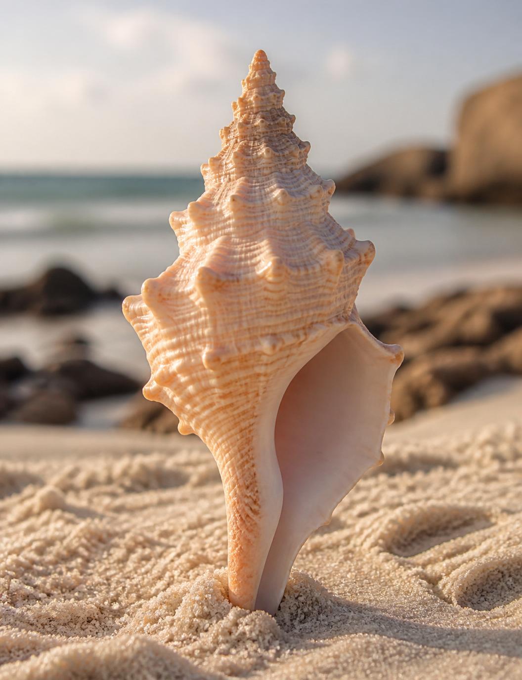 A knobbed whelk standing upright on beach sand in warm morning light