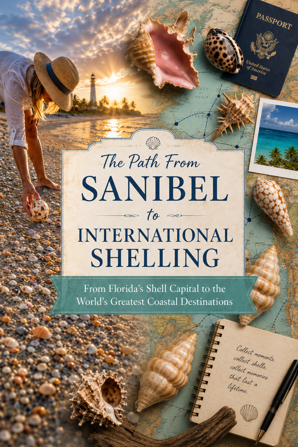 The path from Sanibel to international shelling — a collector on a Florida beach beside a vintage map, passport, and seashells from around the world